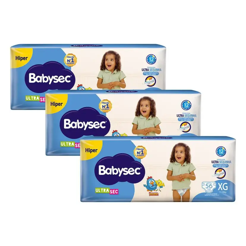 Kit 3 Fraldas Babysec Galinha Pintadinha Ultrasec Hiper Tamanho XG 56 Unidades Cada