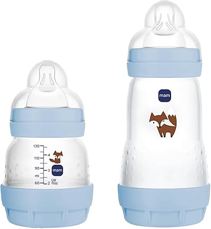 MAM Baby Kit 2 Mamadeiras AZUIS Easy Start Starter Set Anticólica e Menos Bolhas de Ar, para Crianças 0+ Meses Autoesterilizável e com Bico de Silicone Skinsoft, Azul