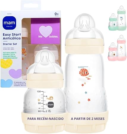 MAM Baby Kit 2 Mamadeiras Easy Start Starter Set Anticólica e Menos Bolhas de Ar, para Crianças 0+ Meses Autoesterilizável e com Bico de Silicone Skinsoft, Rosa