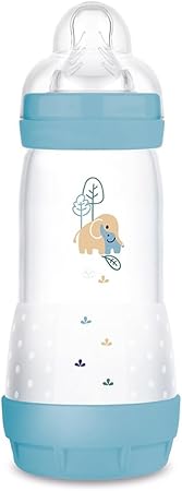 MAM Baby 1 Mamadeira Easy Start 320ml Anticólica e Menos Bolhas de Ar, para Crianças 4+ Meses Autoesterilizável e com Bico de Silicone Skinsoft, Azul